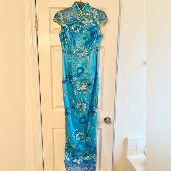 Full Embroidery Blue Qipao Cheongsam Dress - Picture 1 of 6